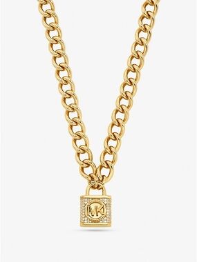 Michael Kors Gold Crystal-Accent Padlock Curb Chain Necklace